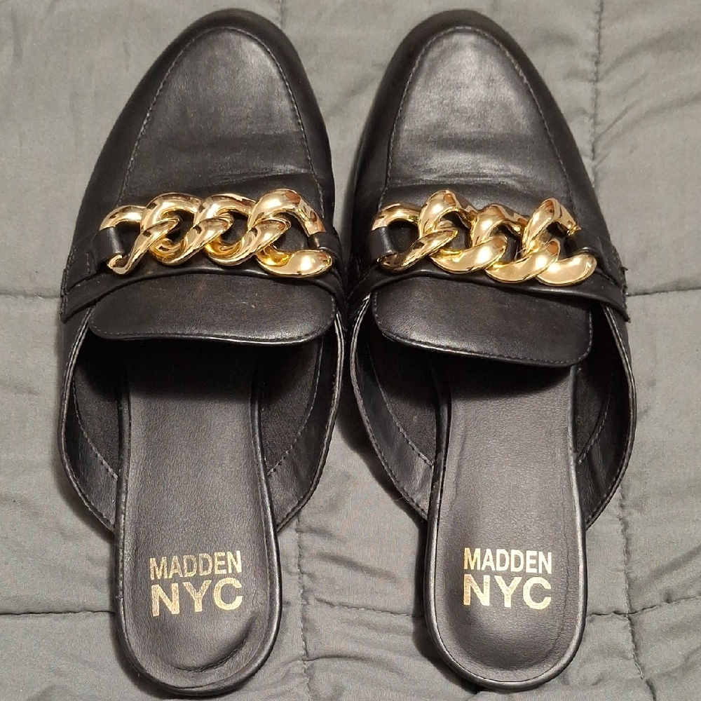 Madden NYC Black and Gold Chain Mules